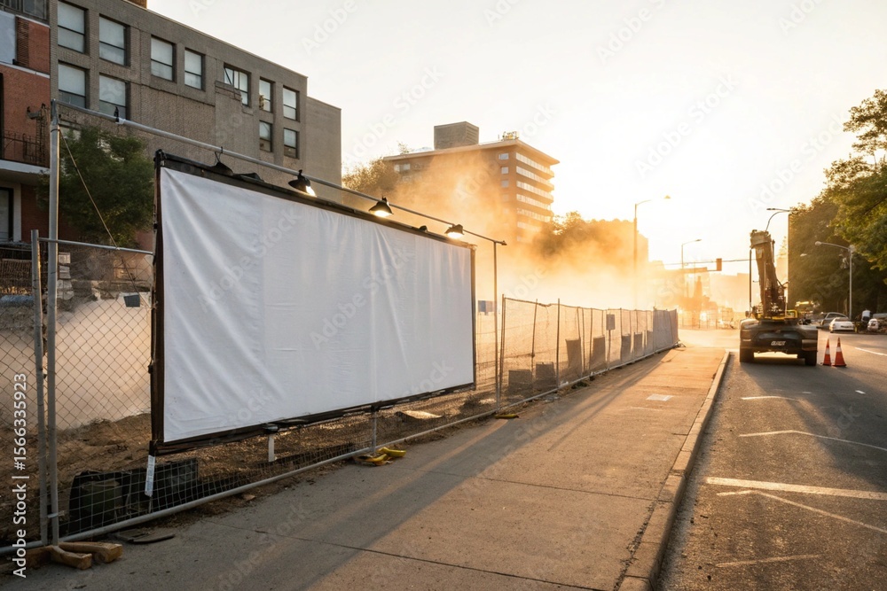 Naklejka premium Blank urban construction site banner in warm golden hour light with cinematic depth. Ideal for branding, advertising, marketing, real estate, or promotional mockups.
