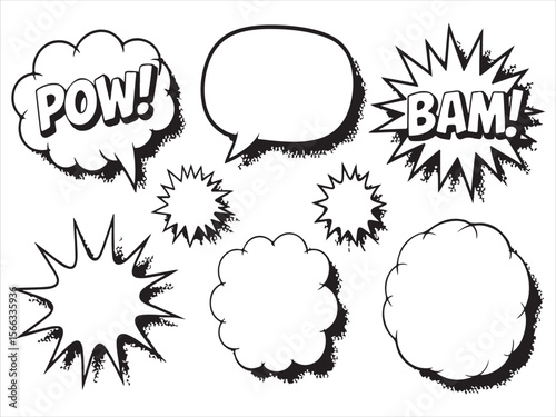 Collection of comic book style speech bubbles and action words like pow and bam