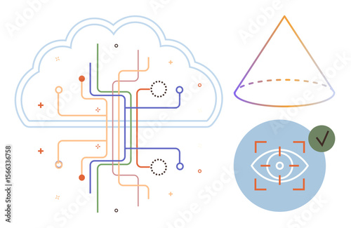 Cloud with circuit connections, abstract cone diagram, and an eye focus with a checkmark. Ideal for technology, AI, data security, innovation, analytics connectivity and futuristic design. Simple