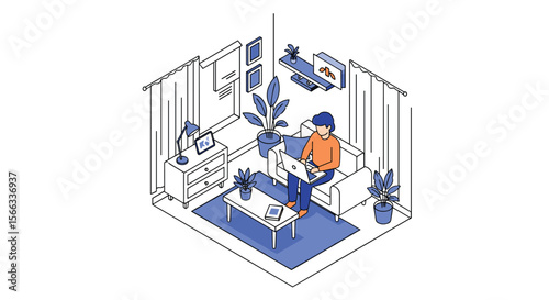 Person relaxing on sofa in living room surrounded by potted plants and natural light