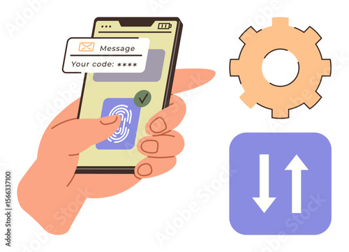 Hand holding smartphone with fingerprint scanner, secure code, and interface icons representing validation. Ideal for cybersecurity, data protection, technology, mobile apps, secure access, online