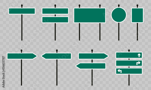 Green road signs on checkered background. Blank signposts for customized text or symbols