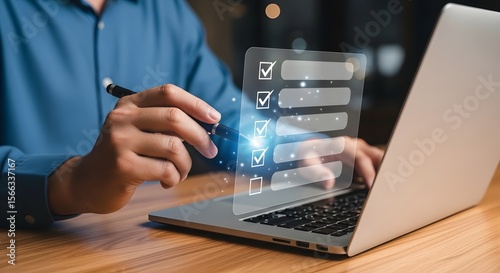 Person using laptop, interacting with a digital checklist, completing tasks.