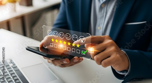 A person in a suit is giving a positive online review on a smartphone.