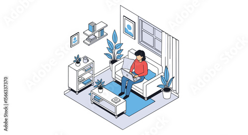Cozy living room interior design with a person relaxing and working on a laptop while surrounded by plants