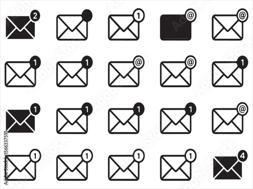 Collection of black envelope icons with notification badges and at symbols