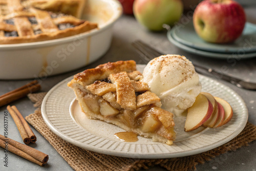 Close up of a slice of apple pie with ice cream and apples on a plate with cinnamon sticks near it
