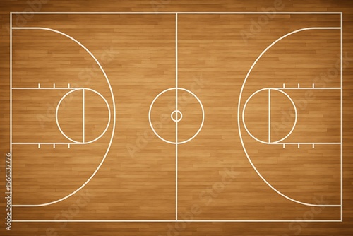 Overhead perspective of a hardwood basketball court showing lines for gameplay and competition.