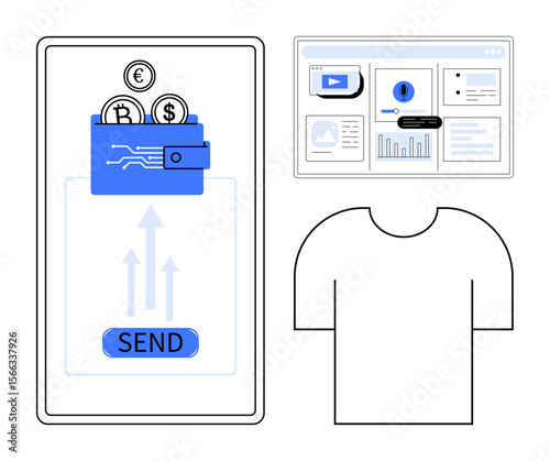 Cryptocurrency coins in a wallet on a mobile screen with a send button, next to a desktop analytics interface and a minimalist t-shirt outline. Ideal for fintech, e-commerce, blockchain, marketing