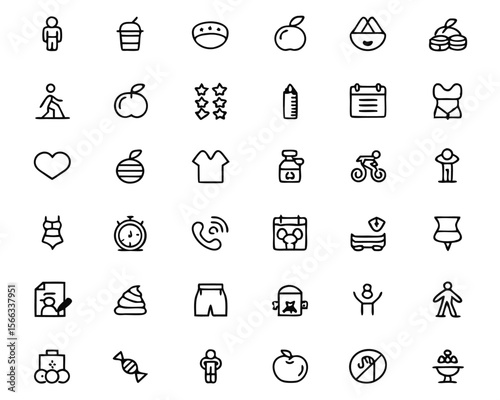Comprehensive collection of thin line fitness and coaching symbols offering editable stroke weight for versatile application in digital and print media projects