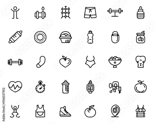 Comprehensive collection of thin line fitness and coaching symbols featuring editable strokes for versatile application in digital and print media projects