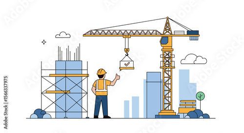 Construction worker operating a tower crane at a building site with modern cityscape background
