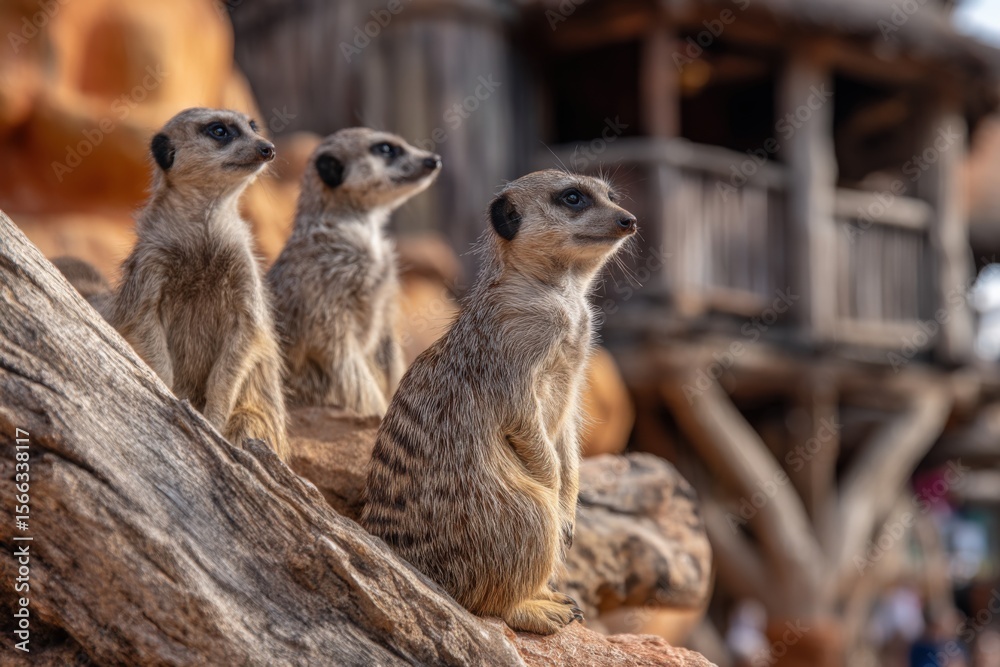 Fototapeta premium Group of four meerkats sitting on a rock in a desert environment with a wooden structure in the background, observing their surroundings attentively