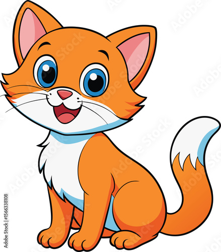 A cute cartoon ginger kitten with a funny smile is sitting, an illustration of a domestic pet character with fur and a tail