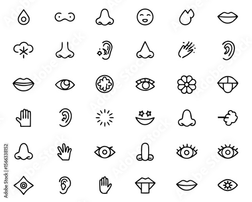 Abstract representation of human sensory perception encompassing taste sight touch smell and hearing presented as a cohesive collection of graphic elements