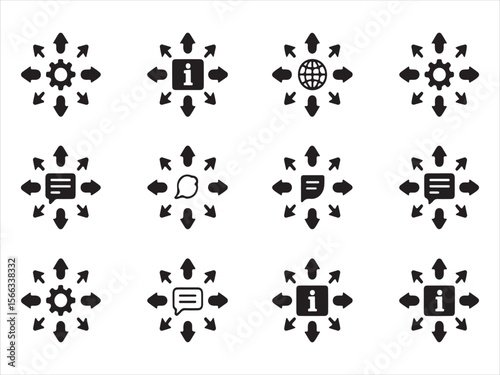 Collection of black icons representing information sharing and communication with outward arrows