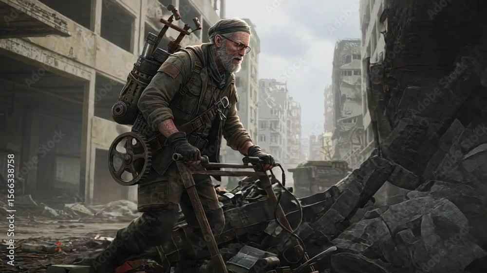 Survivor scavenging in a post-apocalyptic urban landscape Survivor scavenging in a post-apocalyptic urban landscape