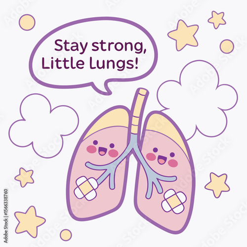 Cute cartoon illustration of smiling lungs with a supportive message.
