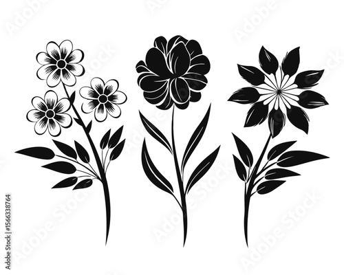 Elegant botanical assortment showcasing diverse floral blooms and leafy foliage in a striking monochrome silhouette presentation perfect for artistic and decorative applications