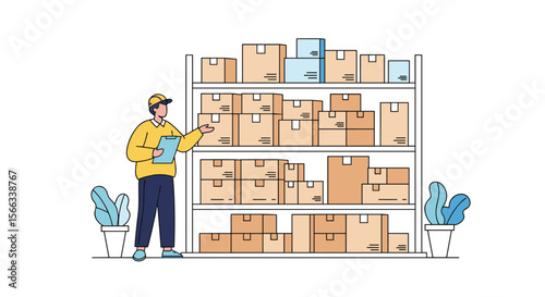 Warehouse worker checks inventory on shelves filled with cardboard boxes and packages while managing supplies and stock distribution for logistics