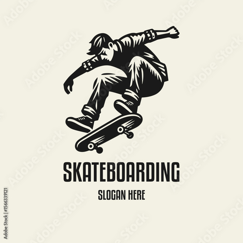 Black and white flat vector illustration of a male skateboarder performing a trick in mid-air. Dynamic silhouette style, perfect for sports or youth-themed designs.