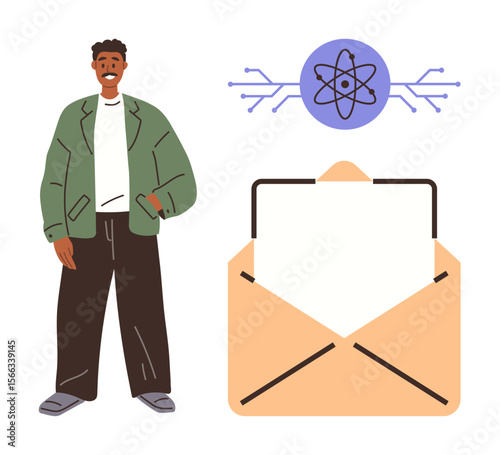 Man standing confidently in casual outfit, open envelope with blank paper, highlighted atom icon with circuits. Ideal for communication, education, technology, career, innovation, networking casual