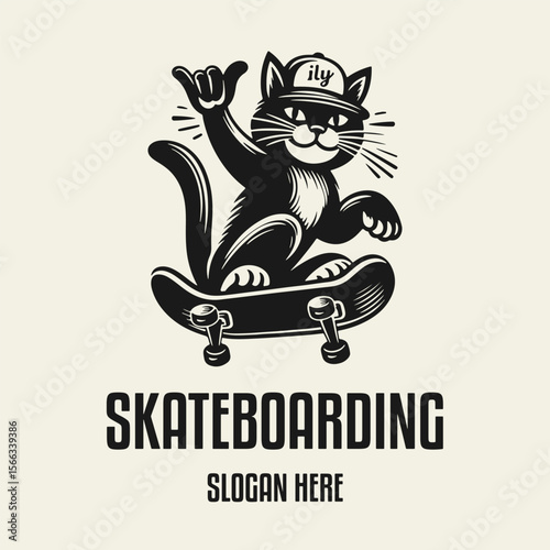 Black and white flat vector of a cartoon cat skateboarder in a cap doing a trick. Fun, urban-style animal character for playful or sports-related design projects.