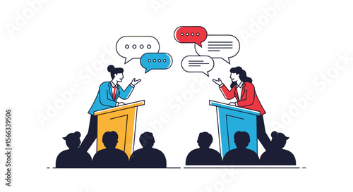 Illustrative representation of two candidates engaging in a public debate before an audience with speech bubbles showing dialogue