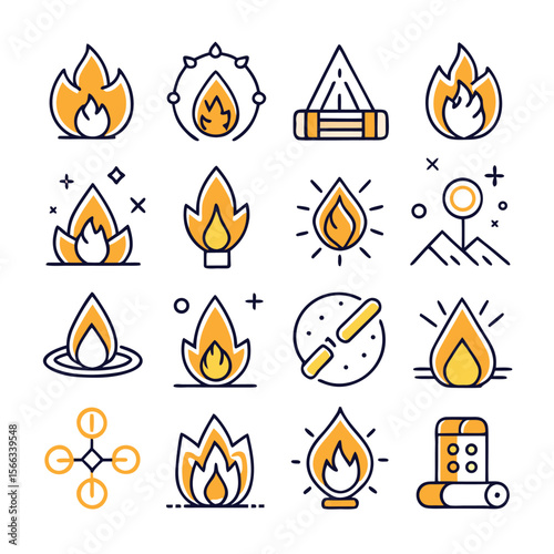 Fire Flat Line Icons Set – Vector Flames and Bonfire Symbols in Various Shapes