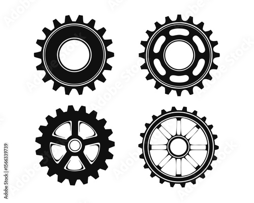 A collection of simple stylized gear wheel emblems and mechanical components rendered in a clean graphic style with distinct color separations for versatile application