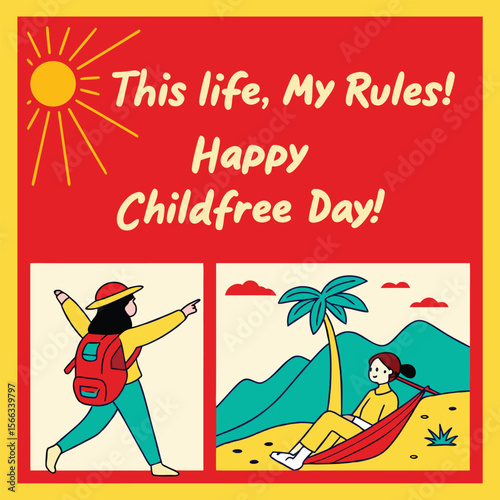 Childfree Day illustration with a woman hiking and another relaxing in a hammock under a palm tree.