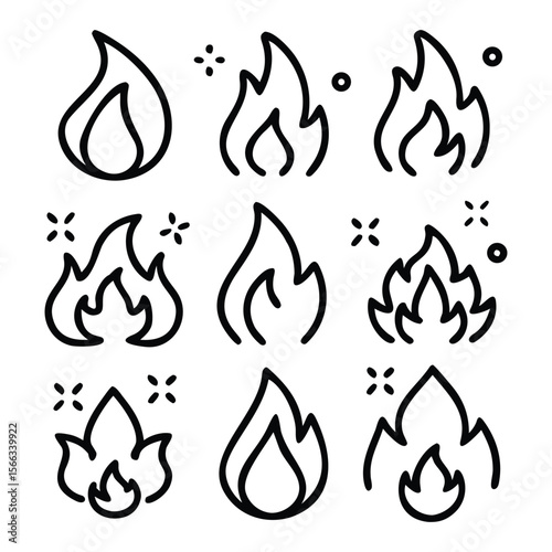 Fire Flat Line Icons Set – Vector Flames and Bonfire Symbols in Various Shapes