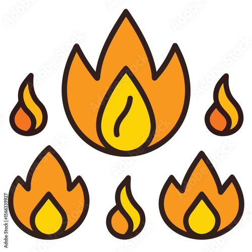 Fire Flat Line Icons Set – Vector Flames and Bonfire Symbols in Various Shapes