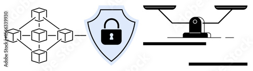 Blockchain network connection, shield with lock for cybersecurity, scale for balance and justice. Ideal for technology, digital security, law, privacy, blockchain, decentralization simple flat