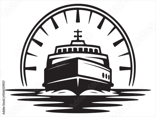 Stylized black and white illustration of a modern ferry boat sailing through water under a semicircular arch