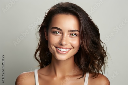 Studio portrait of a beautiful young woman with long brown wavy hair smiling over a gray background