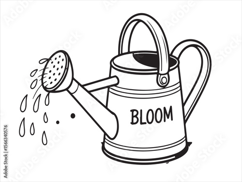 Black and white illustration of a watering can with the word bloom and water droplets