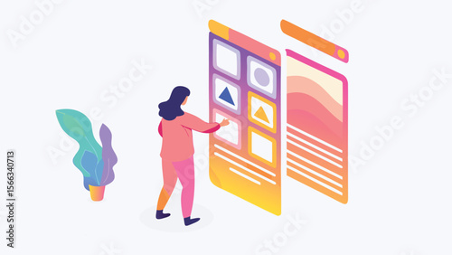 Isometric illustration of a woman interacting with a user interface on a colorful application screen