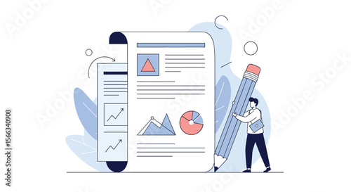 Illustration of a person creating a business report with charts and graphs and a large pencil representing data analysis and planning for success
