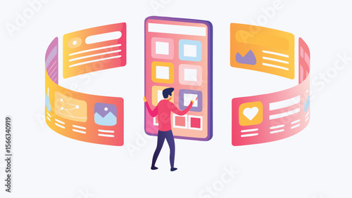 Man interacting with a mobile interface surrounded by web page elements in a digital workspace