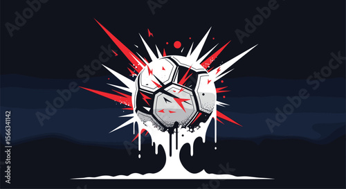 Exploding soccer ball unleashes a splash of red paint and white liquid on a dark background