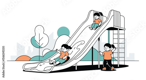 Children enjoying a sunny afternoon sliding down a playground slide outdoors with city buildings and trees in the background