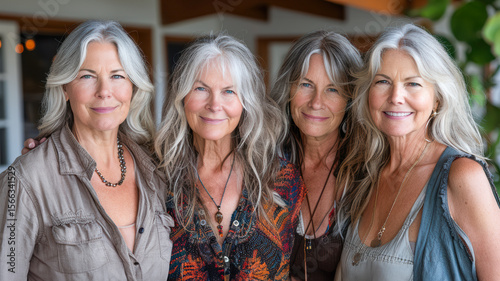 Group of four women with long gray hair smiling together in a bright indoor setting