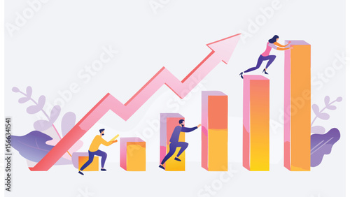 People climbing up a bar graph with an arrow indicating growth and success in a business setting
