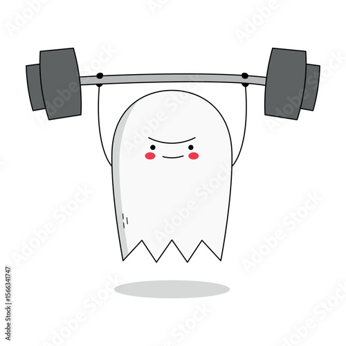Cute ghost cartoon character lifting weight barbell doodle