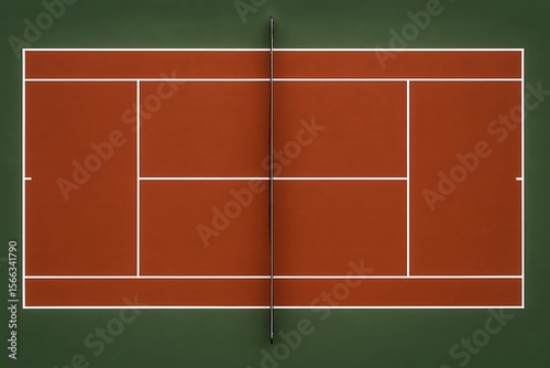 Aerial view of a clay tennis court with bright white lines, creating symmetry and precision.