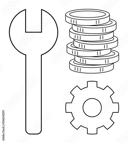 Wrench, cogwheel, and a stack of coins representing tools, settings, wealth, and work optimization. Ideal for concepts thumbs up financial services, engineering, maintenance investment