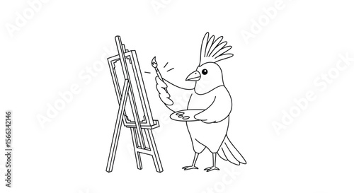 A charming illustration of an artistic bird with a vibrant crest capturing its creative vision on canvas