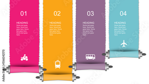 Colorful Vertical Transport Infographic with Rolled Scroll Design – 4 Steps. Fully editable modern infographic vector elements SVG file compatible with PowerPoint.