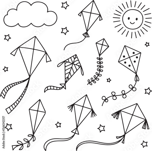 Colorful Kite Flying in the Sky Silhouette

Child Flying Kite Vector Design

Kite with Tail Fluttering Silhouette Art

Kite Festival Scene Vector Illustration

Simple Kite Outline with Clouds Silhouet